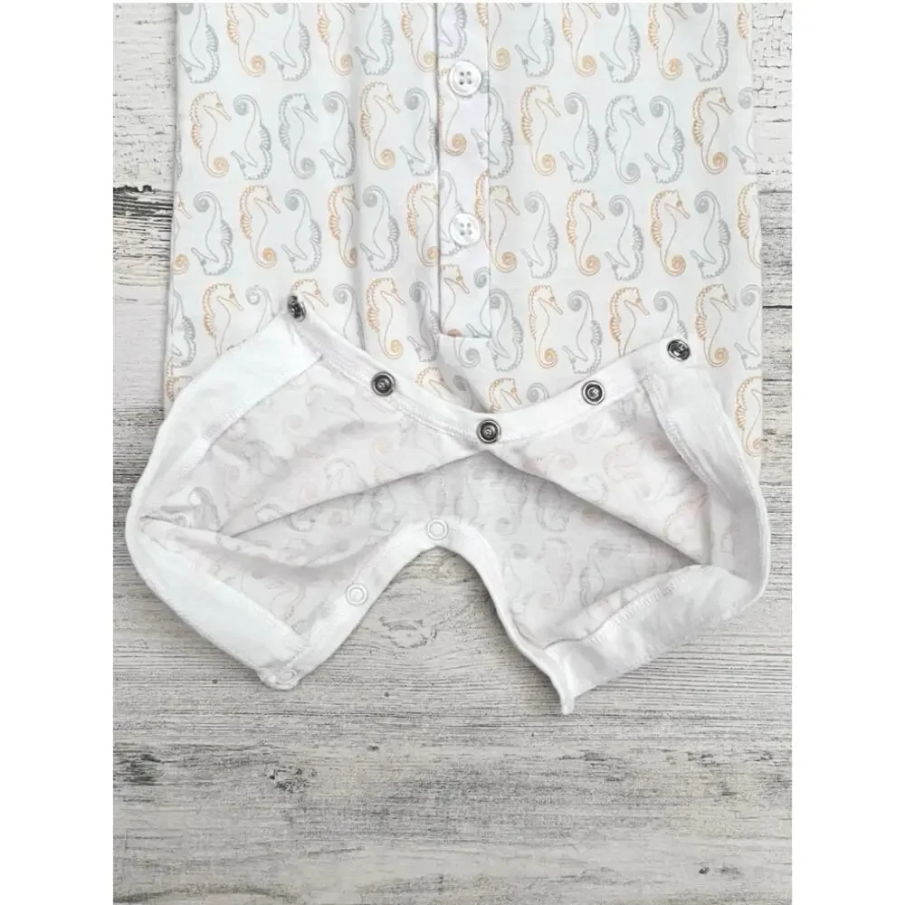 🦋3/$30 Feather Baby Romper Boys 3-6M White Seahorse Pima Cotton Henley Snap